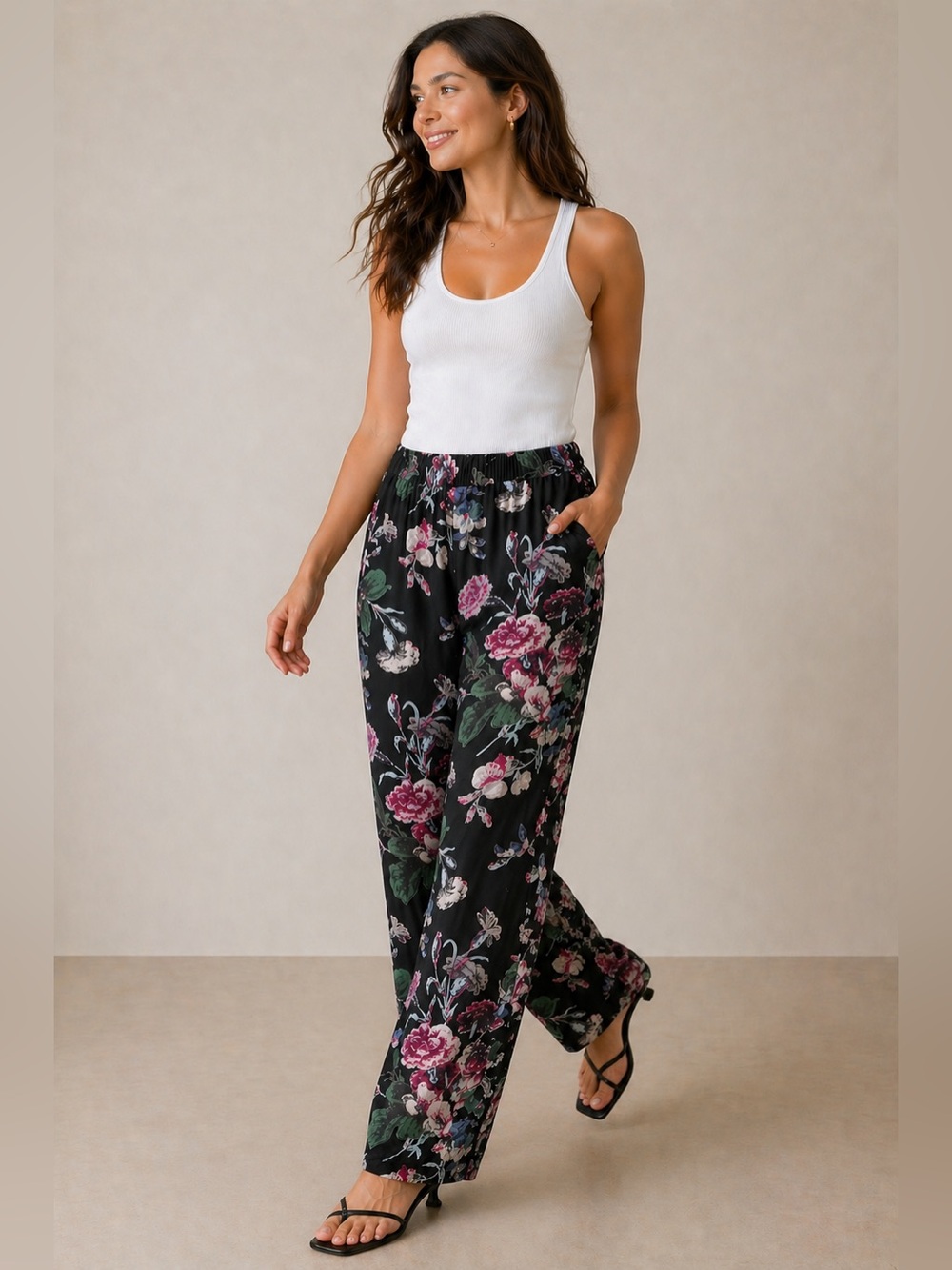 Ganni Black Floral Pants Size Small Sheer High Rise Tapered Trouser - Picture 2 of 5